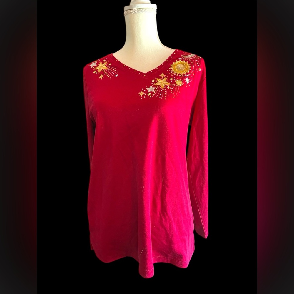NWT Quacker Factory by Jeanne Bice Embellished Top – Size M – Mellow Red